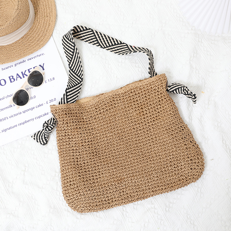 Borsa da spiaggia versatile per le vacanze da donna, realizzata a mano in stile navy coreano INS, 2024, in paglia, con una sola spalla, intrecciata_voghion.com