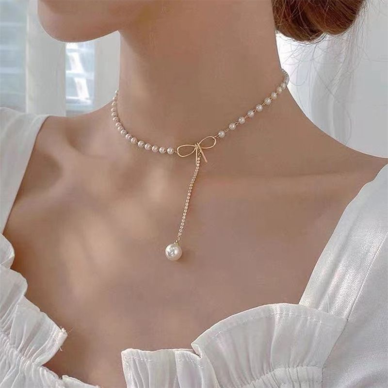 Lagervare pen sløyfe Rhie dusk perle anheng halskjede for kvinner delikat kragebeinkjede minimalistisk choker_voghion.com