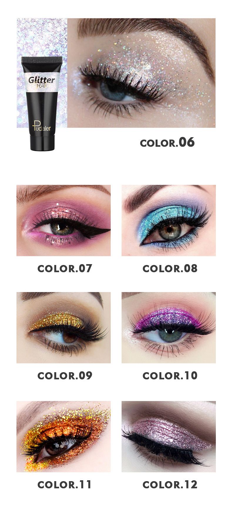 Pudaier Ombretto Liquido Lucido Monocolore Trucco da Palco Viso Corpo Glitter 12 Colori Ombretto Liquido Scintillante Luccicante_voghion.com