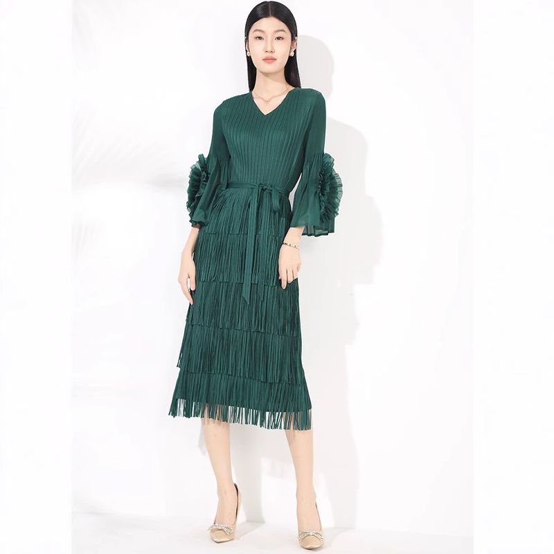 Verve Pleated Long Plus Size 2025 Spring Summer New Base High-end High Fashion Sense Ruffle Sleeve Tassel Midi Dress_voghion.com