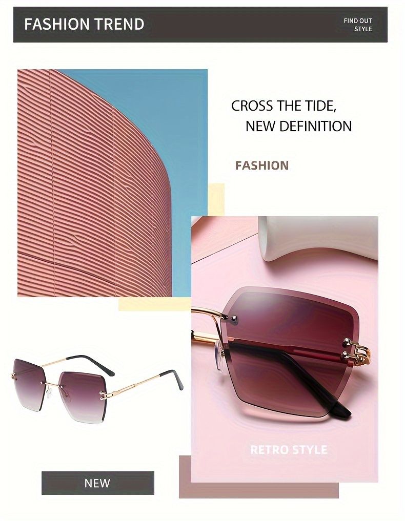 Large rimless women gradient lenses, fashionable sungla with hollowed temples for holidays, beach party, fashion_voghion.com