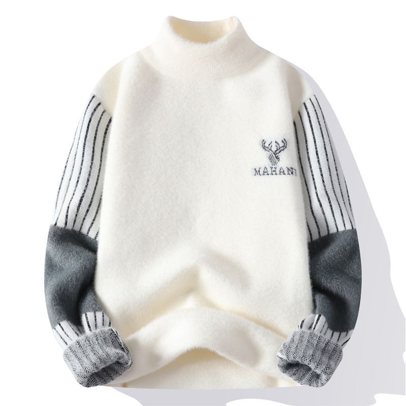 Autumn Winter Half Turtleneck Mink Velvet Loose Men's Fleece Lined Thickened Warm Base Knitted Sweater_voghion.com