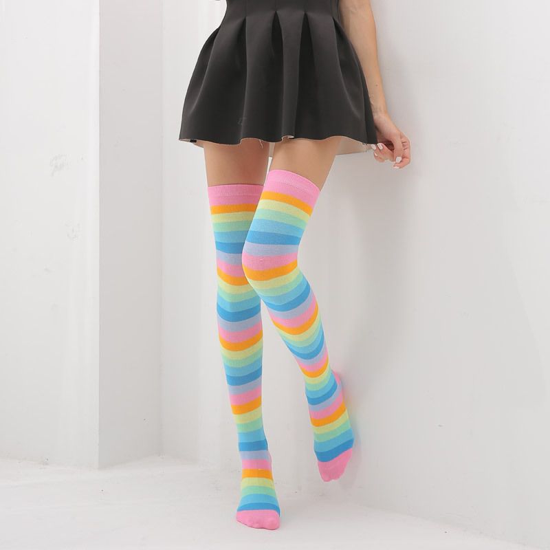 Red Colorful Rainbow Striped Over-the-Knee Socks Extra Long Style_voghion.com