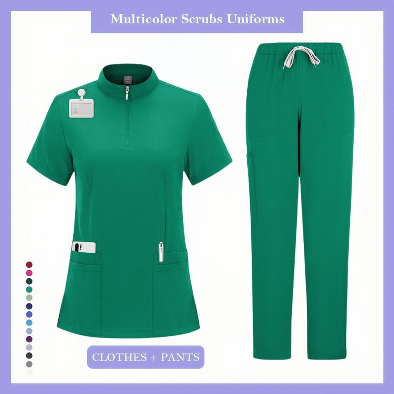 Abbigliamento da donnaVendita calda Taglie Forti Unisex Dottore e Infermiere Lavare Vestiti Infermiera Uniforme Tinta Unita Colletto Alto Design Completo_voghion.com