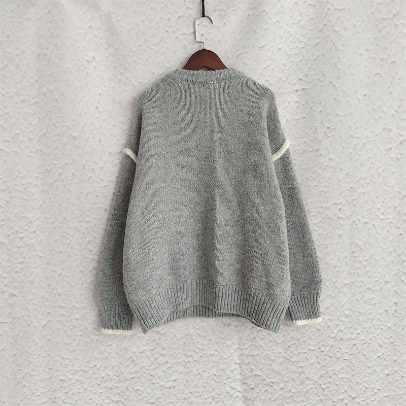 Pull en maille patchwork pour femme – Pull oversize à col rond et tissu épais et chaud (rose/gris/beige/kaki, S/M/L)_voghion.com