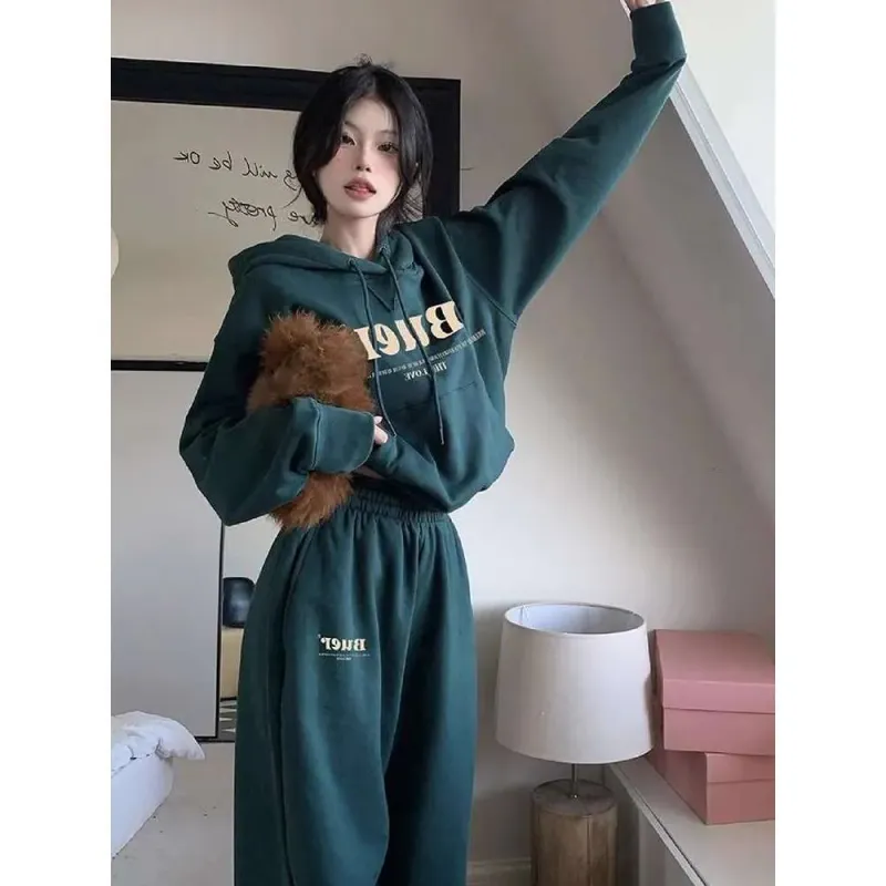 Ensemble deux pièces tendance pour femme : sweat à capuche à lettres style américain, pantalon large et ample, coupe décontractée._voghion.com