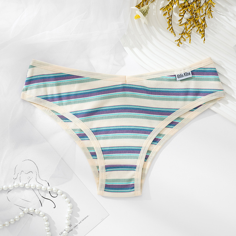 Damenbekleidung, Baumwolle, kontrastfarben, niedrige Taille, komplett aus Baumwolle, hochwertige Unterwäsche mit Regenbogenstreifen-Motiv_voghion.com