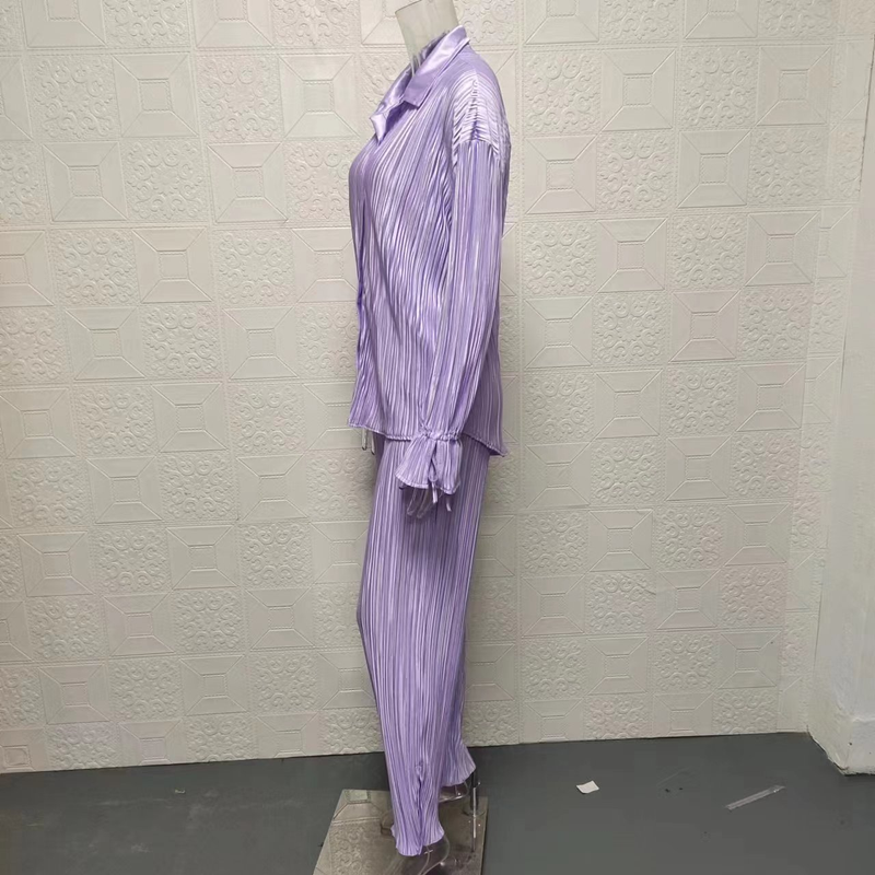 Set di due pezzi, camicia cardigan a maniche lunghe plissettata a maniche lunghe da donna per la primavera e l'autunno, top con spacco e pantaloni_voghion.com