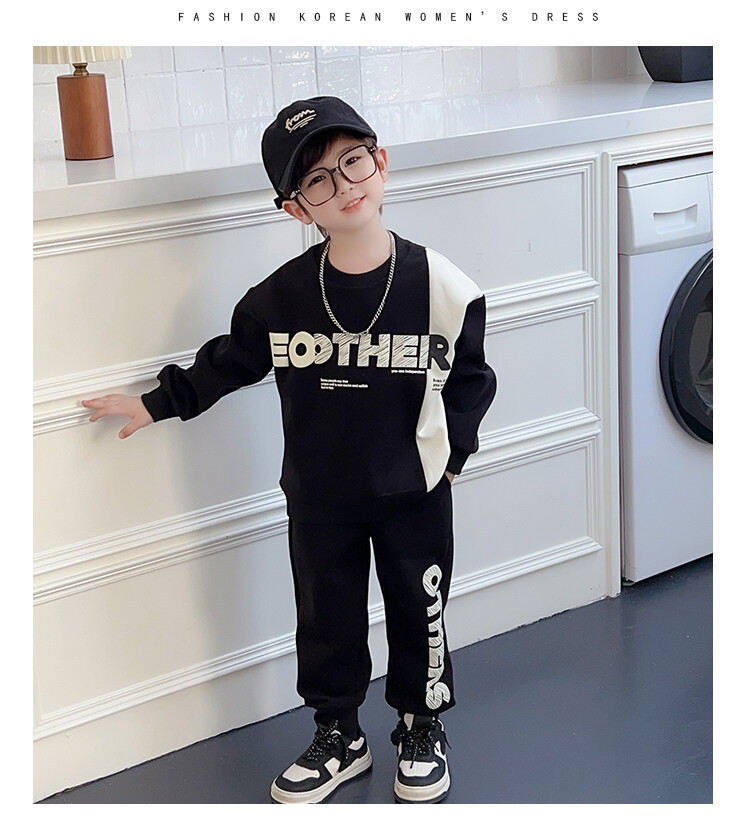 Conjunto de dos piezas de manga larga para niños, suéter con letras bloqueadas de Color para primavera y otoño, pequeño y mediano, 2023_voghion.com