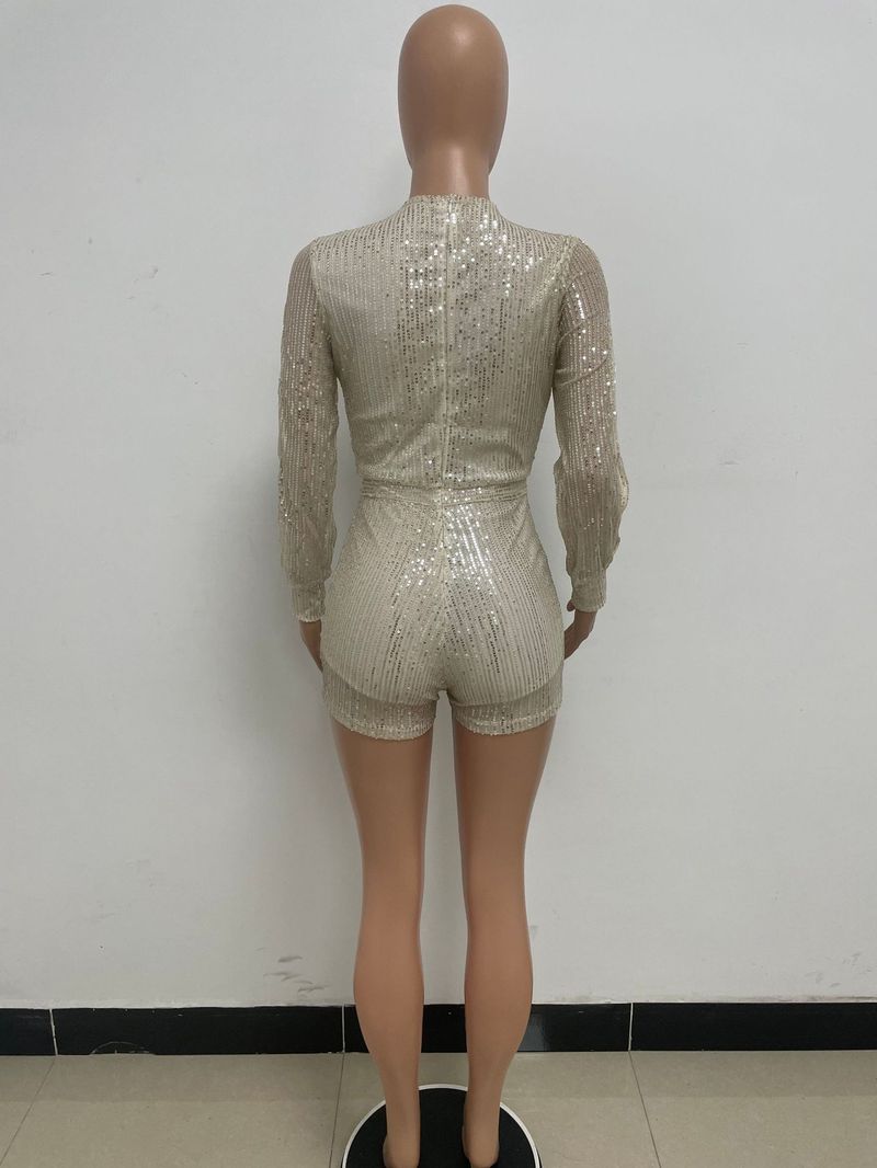 Damkläder jumpsuit mode smal långärmad slits paljettjumpsuit_voghion.com