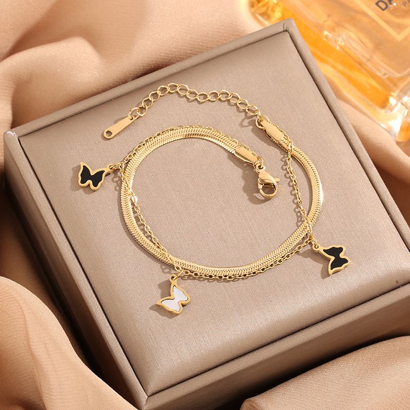 Double Layer Butterfly Snake Bone Chain Bracelet - Japanese & Korean Style Titanium Steel Jewelry (No Fading, Anti-Allergic)_voghion.com