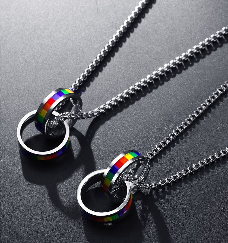 Halsketten Doppelring Regenbogenring-Anhänger-Halskette, einfacher kalter Stil, Titanstahl, trendige Halskette, Herren-Paarschmuck_voghion.com