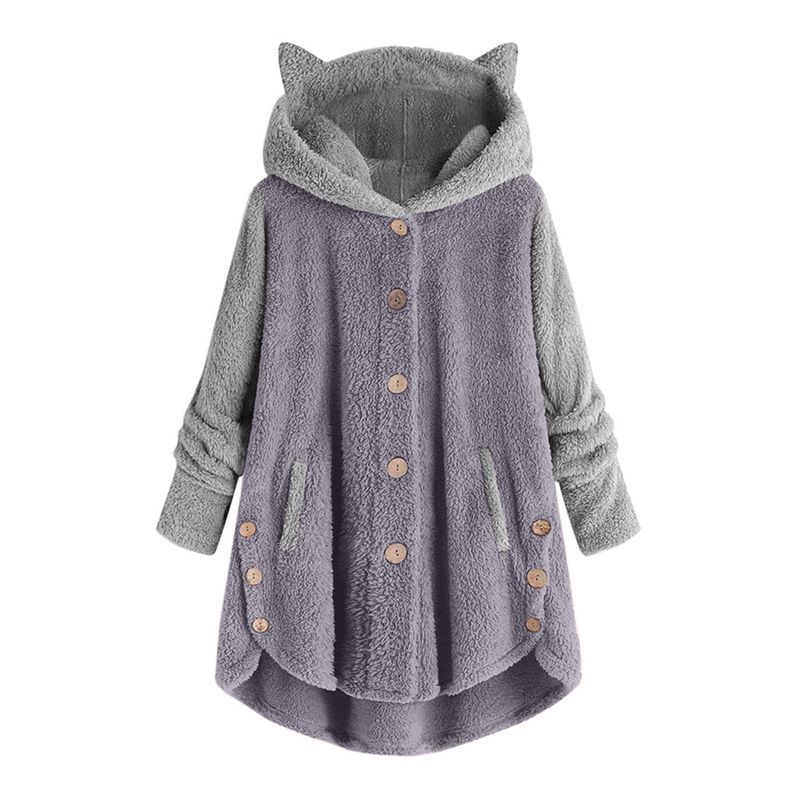 Women's Clothing Autumn And Winter Button Hooded Cat Ear Plush Top Irregular Trendy Brand Color Matching Jacket For Women_voghion.com