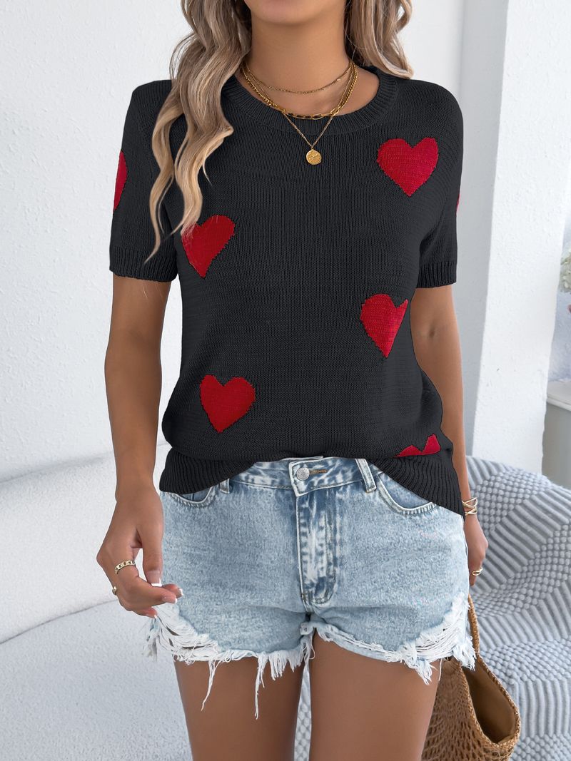 Top in maglia a maniche corte con cuore color-block casual primavera estate 2025, abbigliamento da donna per San Valentino_voghion.com