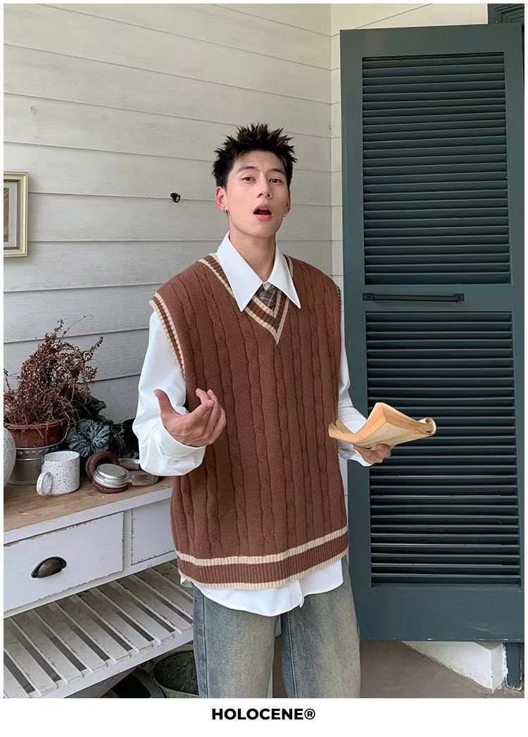 Herrenbekleidung Amerikanische Retro-modische V-Ausschnitt Preppy-Style Pullover Weste Herren Herbst und Winter Twist Kontrastfarbe lockere Weste ärmelloses Hemd_voghion.com