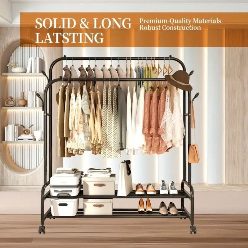 Hanger Garment Organizer Hooks Rolling Wardrobe Bars MultiFunctional HeavyDuty Shelves Dual Metal Portable Rack W Clothes With_voghion.com