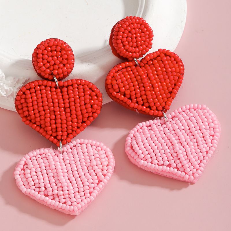 INS style fashion exquisite handmade rice bead peach heart earrings double layer exaggerated love Valentine's Day earrings_voghion.com