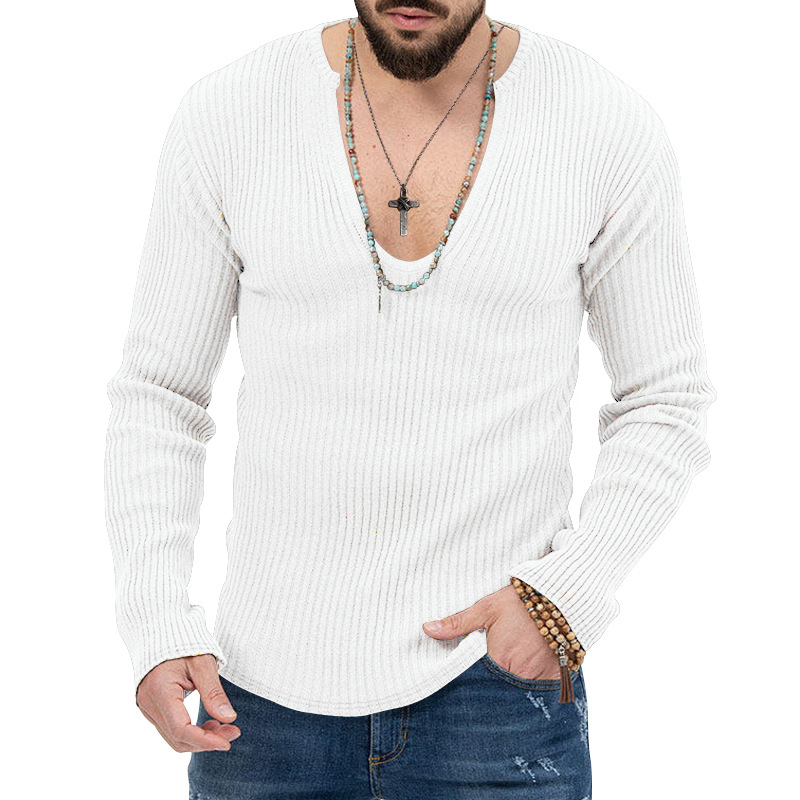 Men's Trendy Spring And Autumn Deep V-neck New Solid Color Knitted Long Sleeve Shirt_voghion.com
