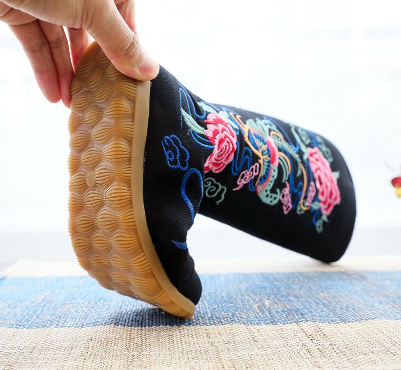 Enkelstövel i bomull, mellanhöga, platta, feta fötter, överdimensionerade tygstövlar, broderade damskor, dragkedja i sidan_voghion.com