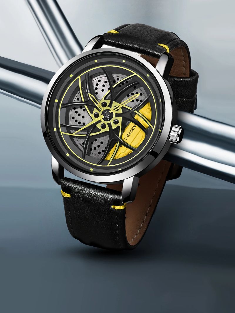 Orologio rotante con cinturino in pelle, tendenza moda, al quarzo, da uomo, con contorno, set di scatole_voghion.com