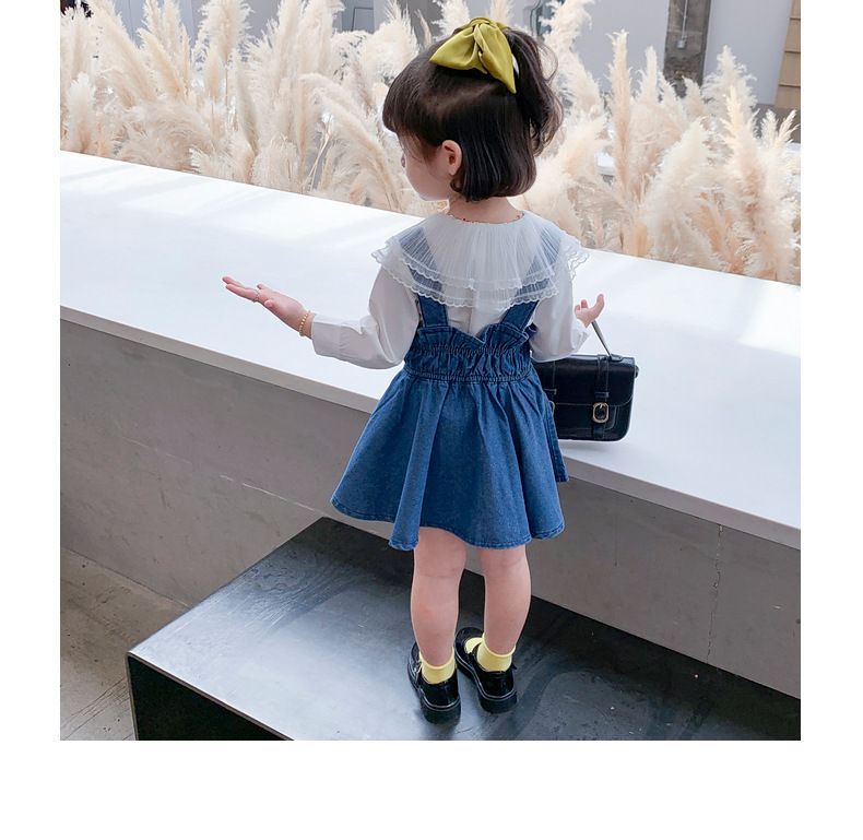Kinder Kleidung großhandel mädchen anzug herbst neue stil kinder nette große revers hemd plus denim overalls rock zwei stück anzug_voghion.com