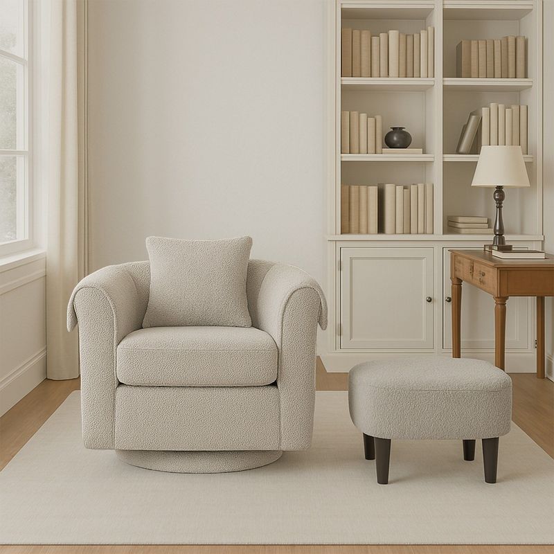 Swivel Accent Chair With Ottoman Set, Modern Chenille Barrel Armchair With Removable Back Pillow & 2 Armrest Covers For Living Room, Bedroom, Office, Gray_voghion.com