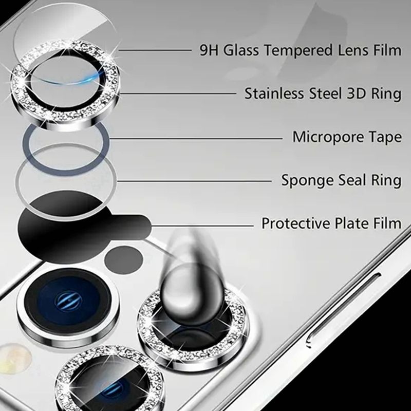 2-3 protectores de lente de cámara para iPhone 16E, 16 Pro Max, 13 Mini, 14, 15 Pro Max, 16 Plus, cristal protector de metal con diamante_voghion.com
