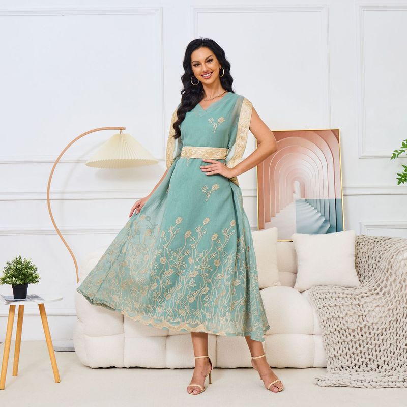 Mt113 Muslim Robe New Embroidered Mesh Large Swing Sleeveless Elegant Dress_voghion.com