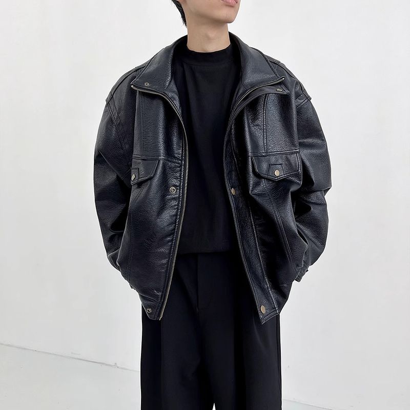 Herren Vintage Bikerjacke - Retro Bomberjacke aus PU-Leder mit geripptem Saum und Reißverschluss (Schwarz, M-3XL)_voghion.com