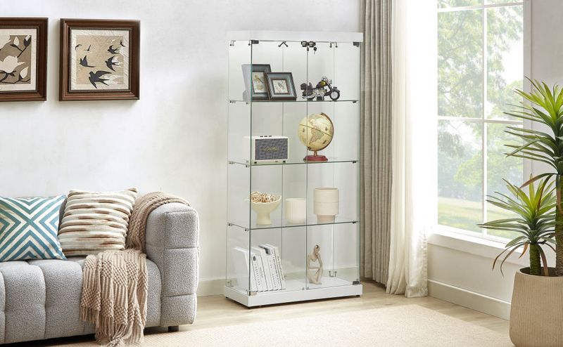 4-Tier Glass Display Cabinet, Double Door Glass Cabinet, Four Partitions, Two Locks, Floor Standing Storage Cabinet for Living Room, Bedroom, Showroom_voghion.com