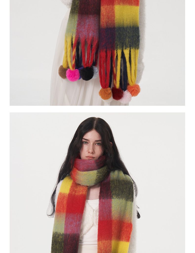 Sciarpa a pallina con nappe versatile, calda e colorata, a quadri, a righe, autunno inverno, nuova AC_voghion.com