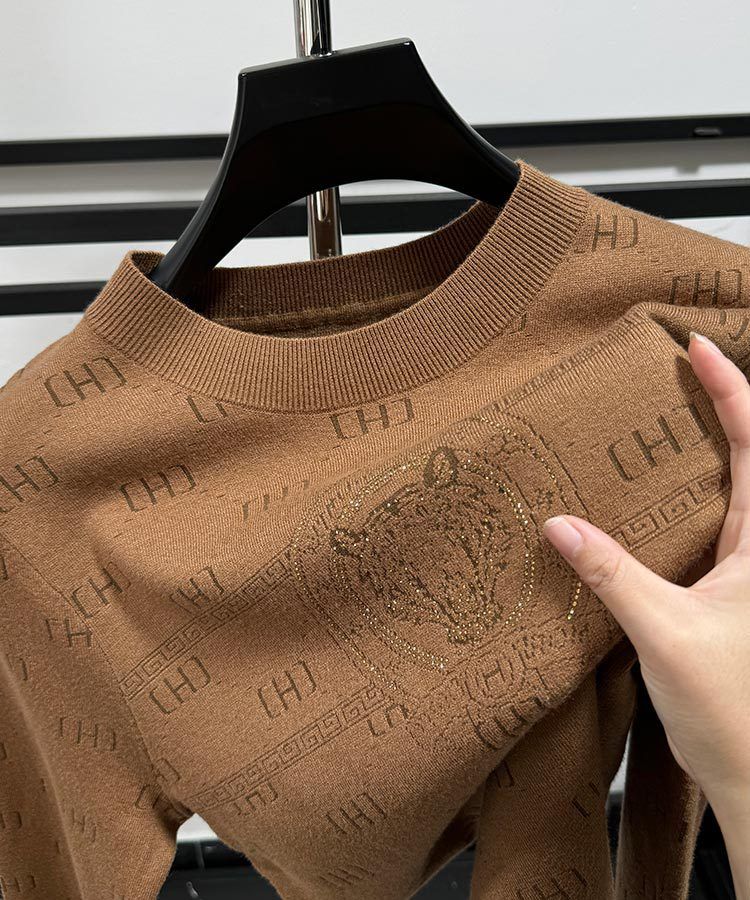 Suéter masculino de malha jacquard – pulôver canelado estiloso com gola redonda, top casual slim fit para outono e inverno_voghion.com