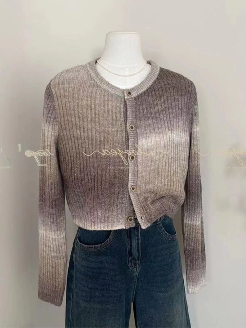 Batik-Strickjacke aus Mohair mit Farbverlauf für Damen im Frühjahr 2024, neue kleine kurze Pulloverjacke für Herbst und Winter_voghion.com