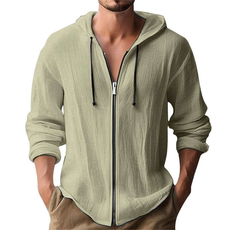 Herren-Kapuzenpullover mit Reißverschluss aus Leinenmischung – leichte, atmungsaktive Langarm-Hemdjacke (Weiß/Schwarz/Khaki, S-XXXL)_voghion.com