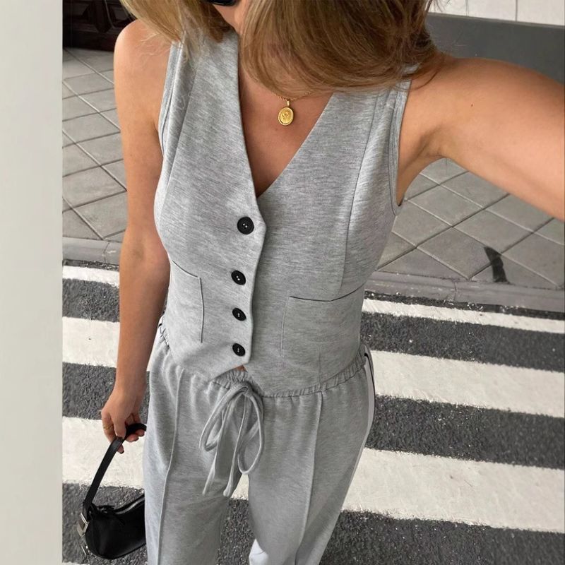 Ensemble deux pièces long et décontracté pour femme, couleur unie, sans manches, avec poches_voghion.com
