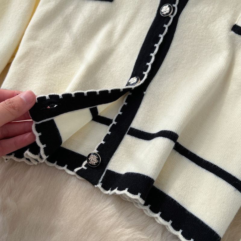 Elegante, tweedelige gebreide set voor dames - chique ronde hals, lange mouwen en mouwloze kokerjurk (beige/zwart, één maat)_voghion.com