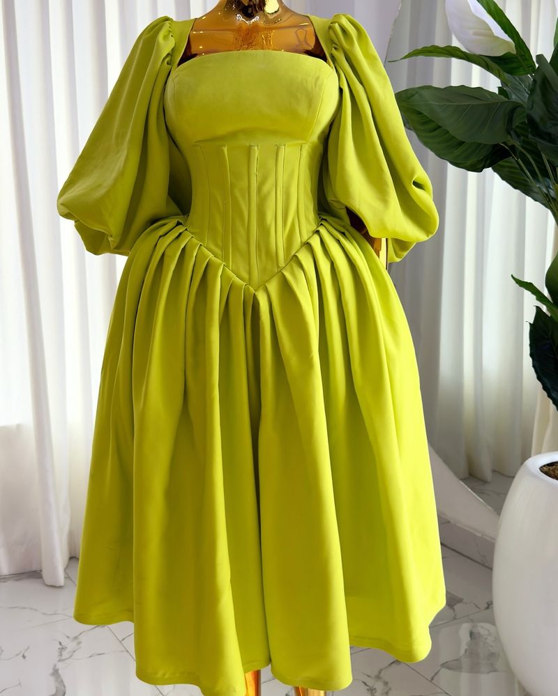 Rochie lungă de linie pentru femei, rochie de toamnă nouă, dulce și proaspătă, cu guler pătrat, talie, cravată, mânecă felinară, A-line_voghion.com