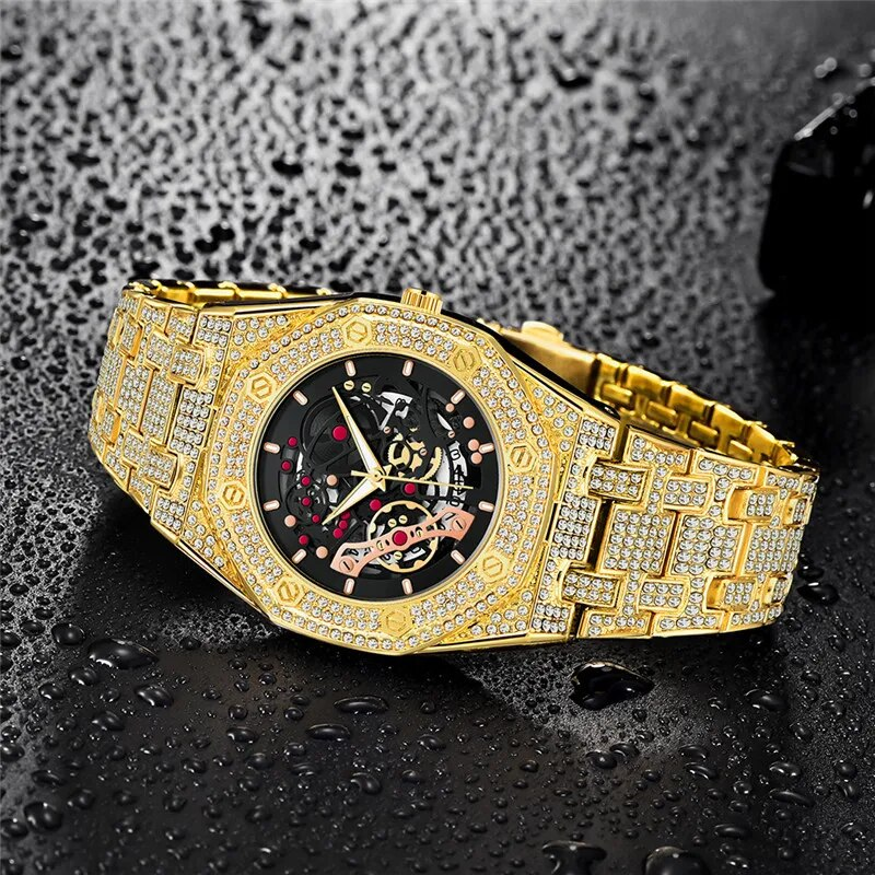 Orologio Bling Iced Out da uomo Hip Hop Uomo con diamanti pieni Orologi Cronografo impermeabile Reloj Hombre Oro_voghion.com