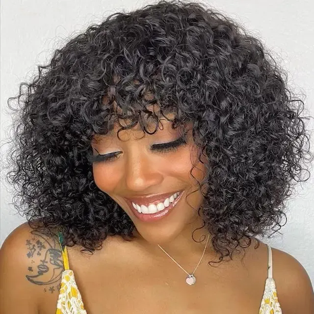 Pelucas de cabello humano de corte bob rizado, corto, de color marrón, con flequillo, estilo Jerry, rizadas, con reflejos, de colores para mujeres_voghion.com