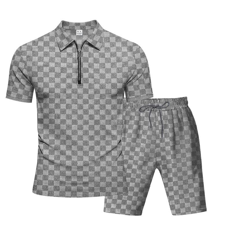 Herren Schweres, lockeres, lässiges, einfaches Poloshirt mit Schachbrettmuster und Reißverschluss, kurzärmelig, Shorts-Set_voghion.com