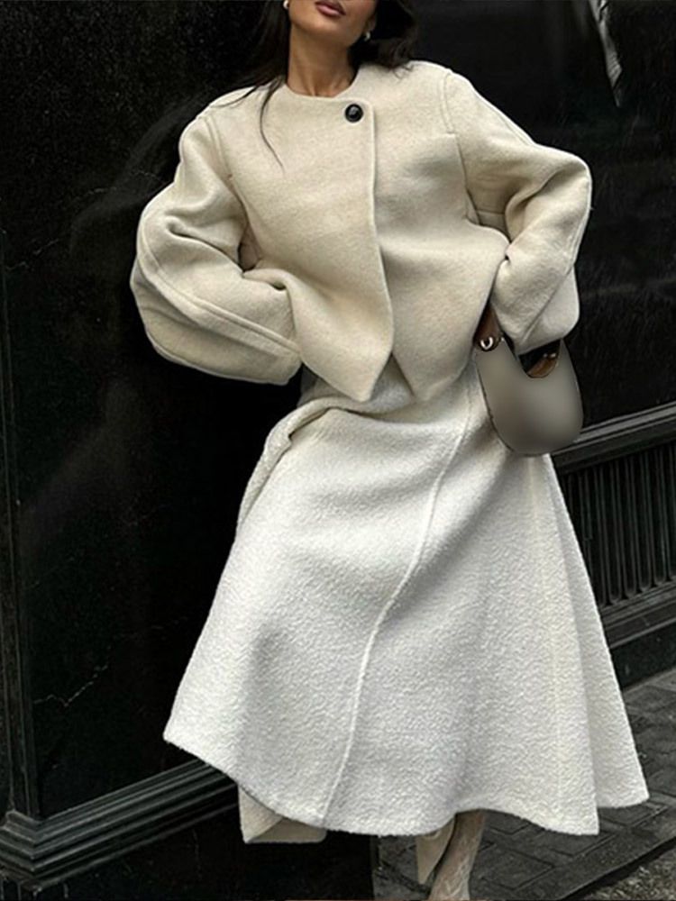 Elegante Einknopf-Wollmischungsjacke für Damen - Lässiger Kurzmantel mit Rundhalsausschnitt, langen Ärmeln - Vielseitige Oberbekleidung für Herbst und Winter I_voghion.com