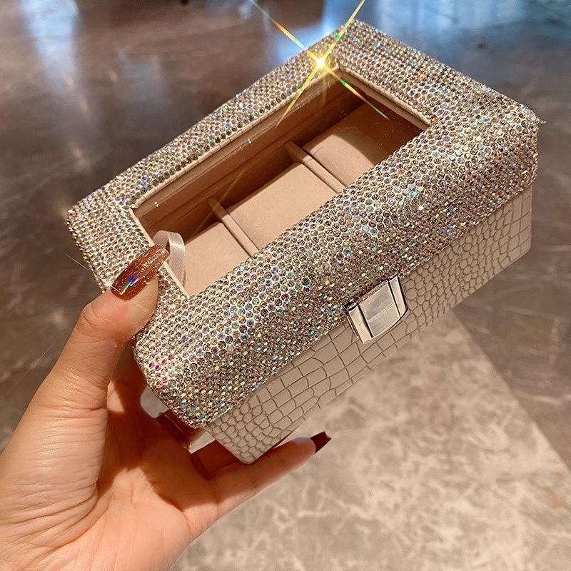 3-Slot Metal Watch Storage Box With Diamond Accents – Sleek Japanese-Style Organizer For Car & Home – Compact 18L Capacity_voghion.com