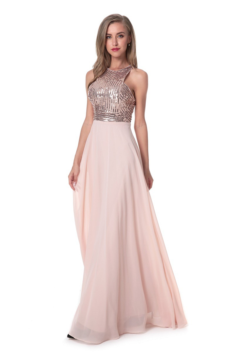 Schmal geschnittenes Brautjungfern-Brautkleid für Damen mit Pailletten_voghion.com
