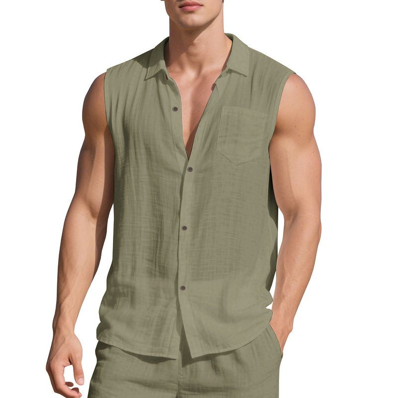 Herren Sommer Neue Lose Leinen Einfache Casual Ärmellose Strickjacke Strand Hemd_voghion.com