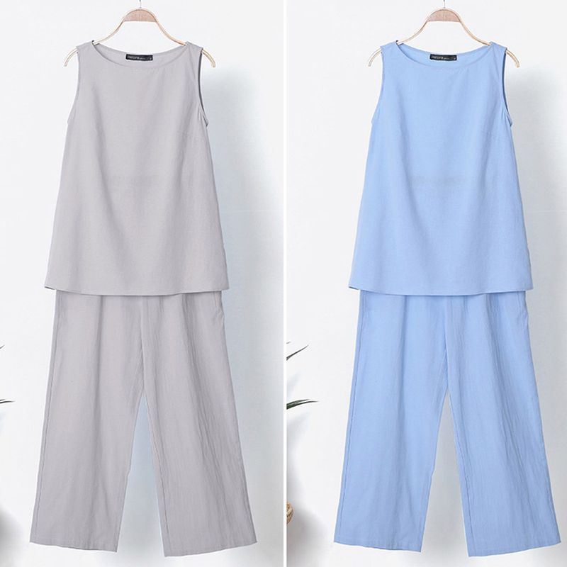 Costumes en coton et lin pour femmes, hauts sans manches, pantalons à jambes larges à neuf points, ensemble deux pièces pour femmes_voghion.com