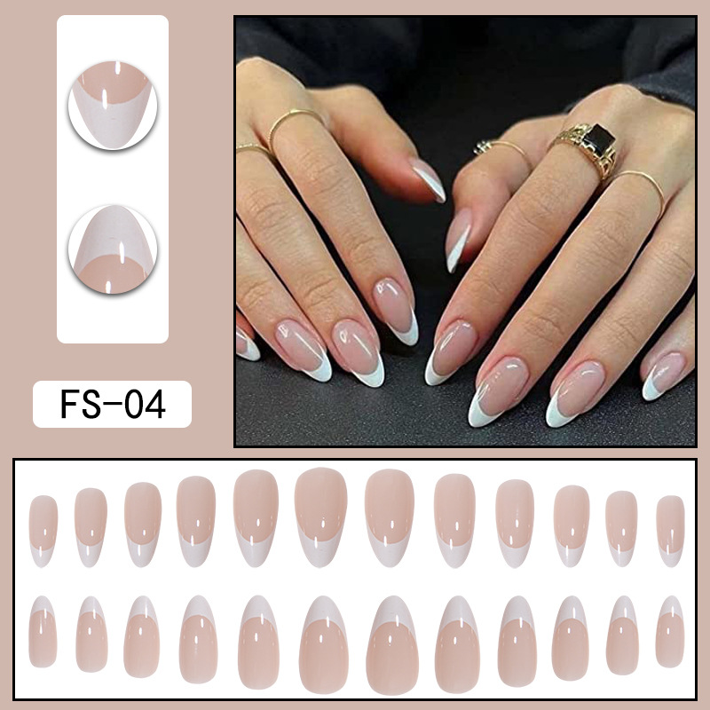 French Tip Almond Press-On Nails - Natural White False Nails With Glue & Gel Tabs, Reusable Fake Nails For Women_voghion.com