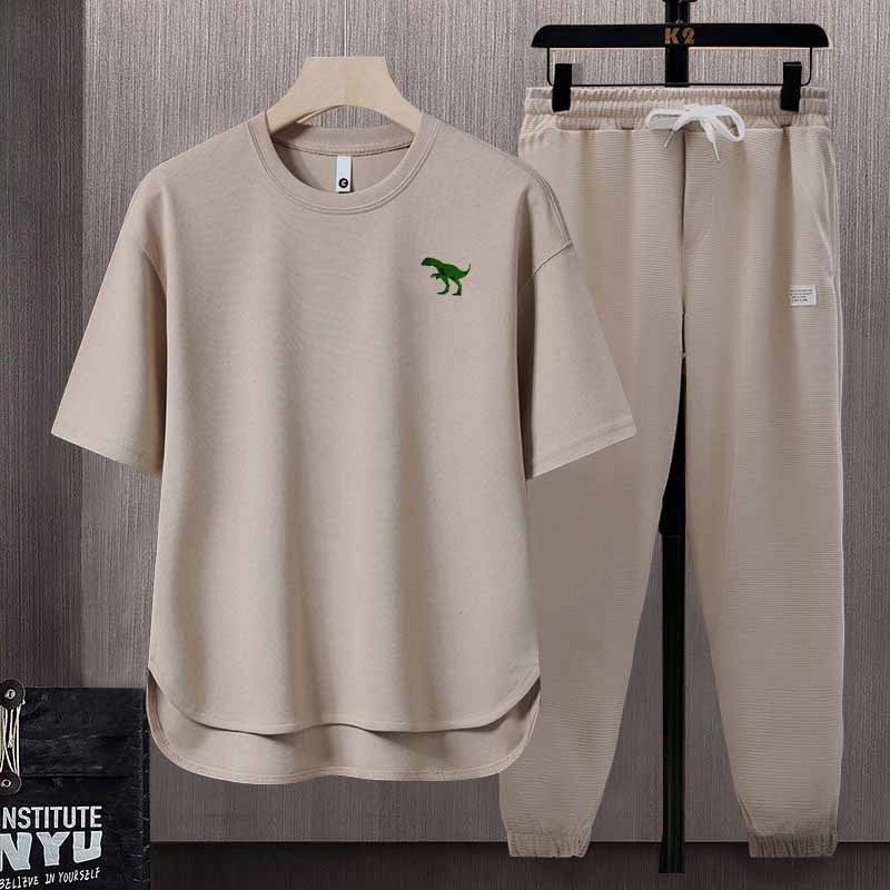 Abbigliamento da uomo Abito da uomo a maniche corte con stampa di piccoli dinosauri con scollo rotondo e orlo ampio, abito a due pezzi alla moda e versatile_voghion.com