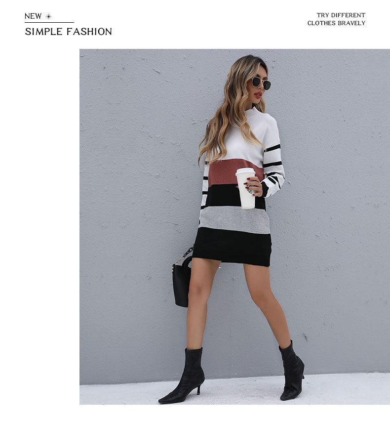 Vestido estilo suéter japonés de largo medio con cuello de tortuga y rayas_voghion.com
