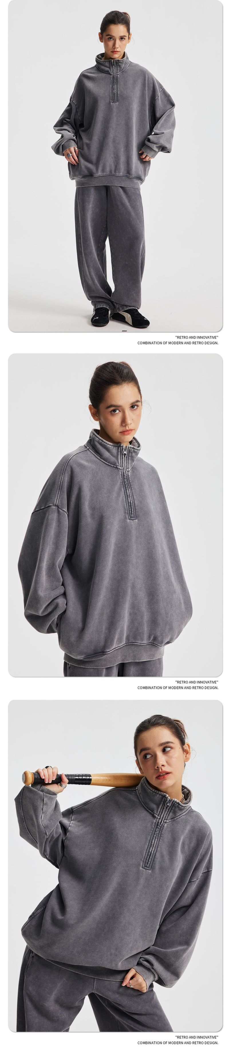 001 2025 Autumn Winter New Vintage Retro Terry Stand Collar Half-Zip Set Loose Trendy Brand Washed Sweatshirt Pants_voghion.com