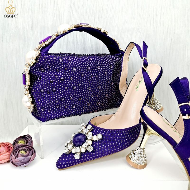 Scarpe da donna Set di scarpe e borsa da donna con punta a punta in stile semplice da festa con cinturino a diamante sul manico_voghion.com